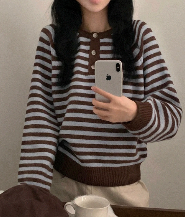 秋冬預訂｜亨利領條紋長袖羊毛針織衫