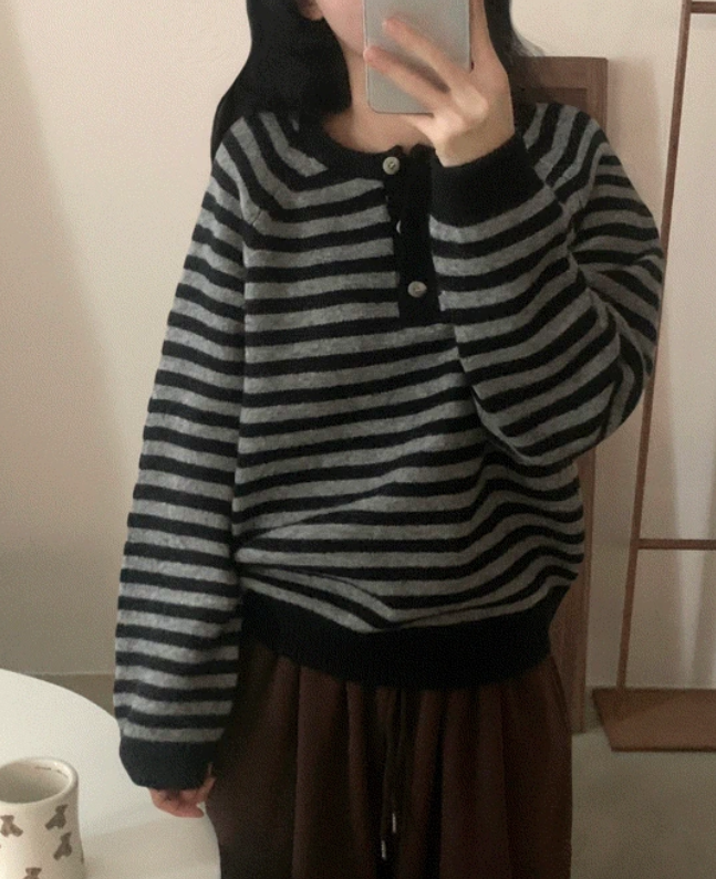 秋冬預訂｜亨利領條紋長袖羊毛針織衫