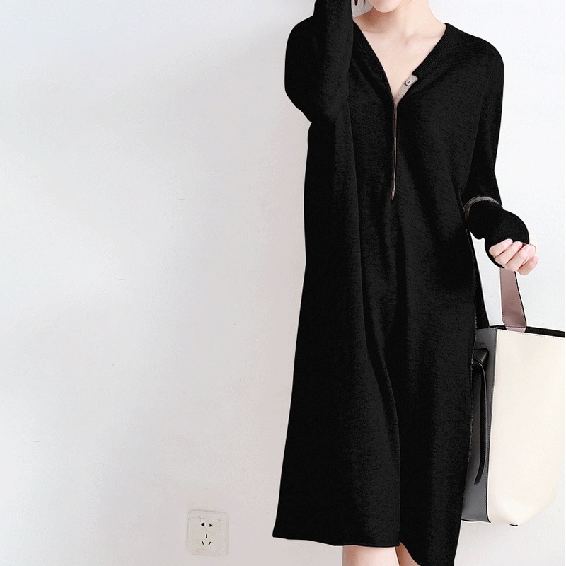 黑S【零碼出清不退換】開襟V領直筒針織洋裝