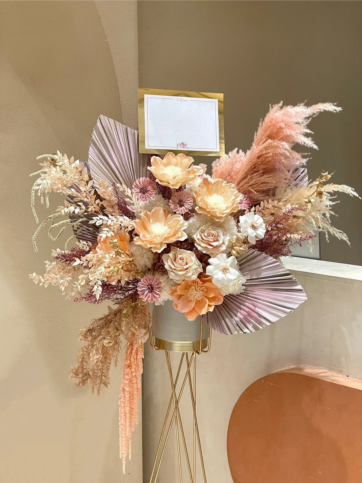 風采粉橘・乾燥花高架花籃 開幕花籃