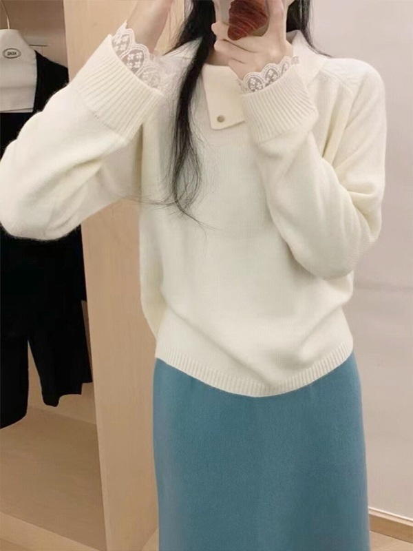 蕾絲袖斜領針織上衣 三色