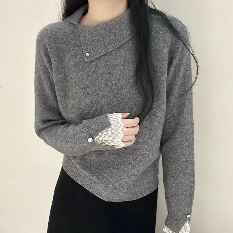 蕾絲袖斜領針織上衣 三色