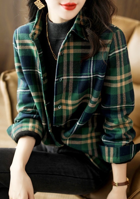 法蘭絨格紋磨毛襯衫 綠色