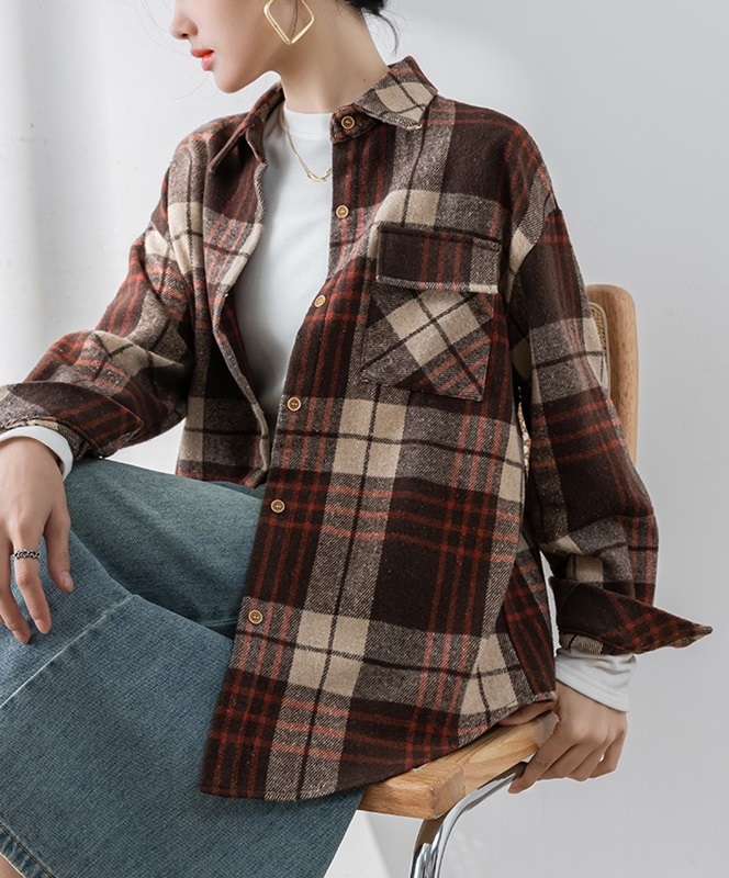 法蘭絨格紋長版磨毛襯衫 棕色