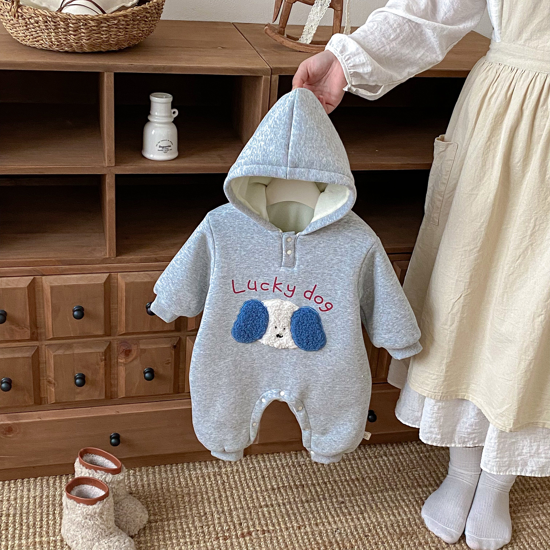 灰色小狗 加絨連帽連身衣