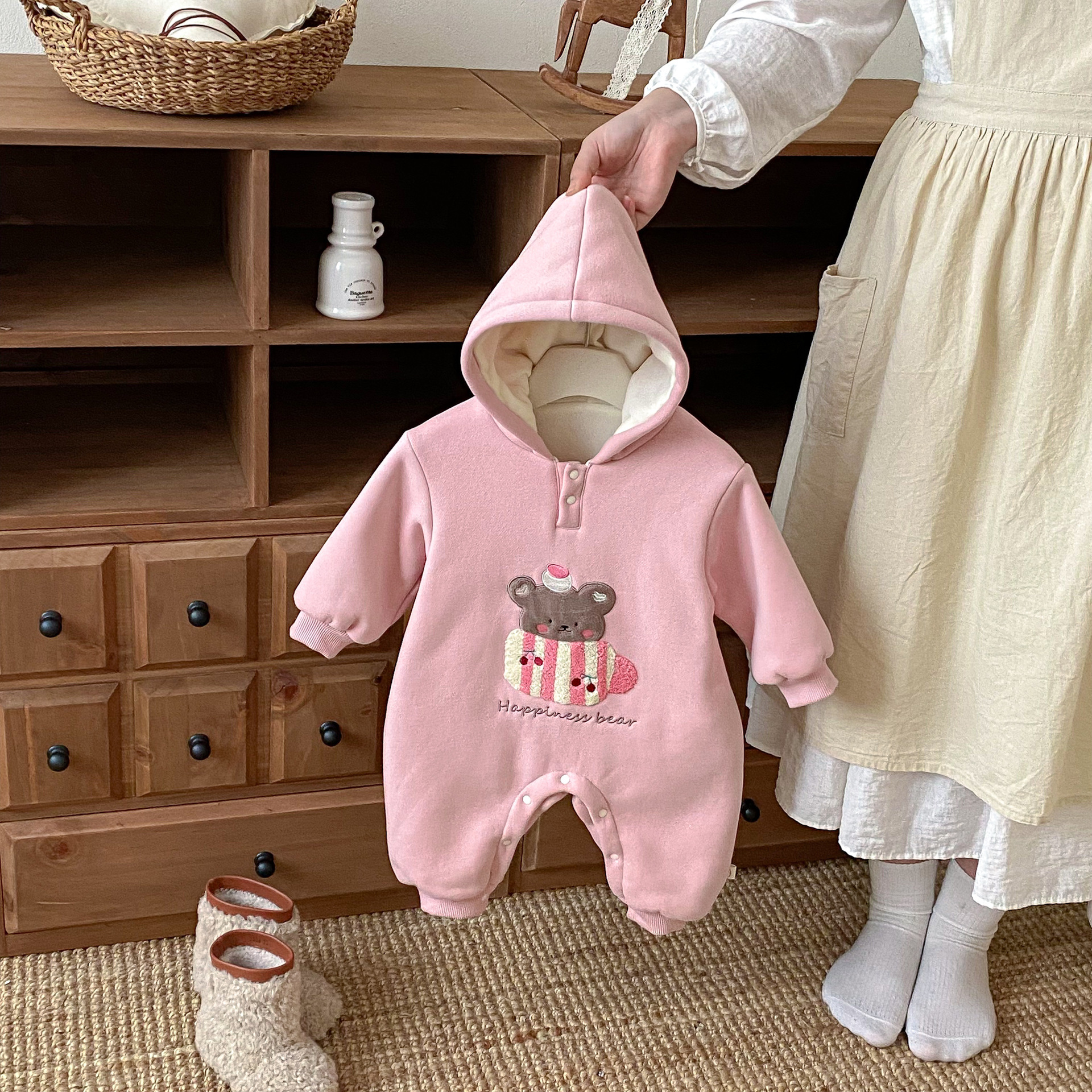 粉色杯子狗 加絨連帽連身衣