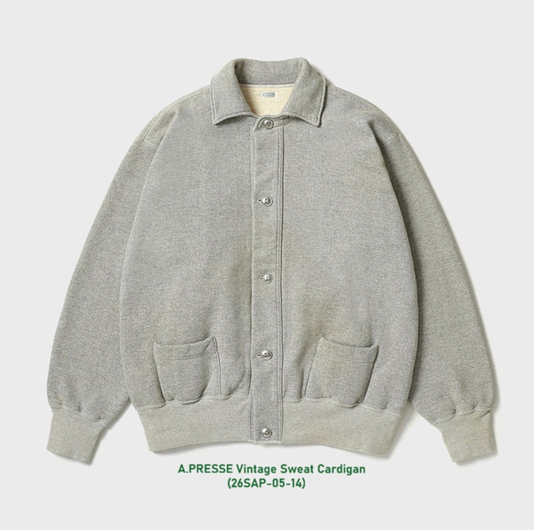 12/13 RELEASE: A.PRESSE VINTAGE SWEAT CARDIGAN (26SAP-05-14) - GRAY PRE ORDER ITEM (預訂中)