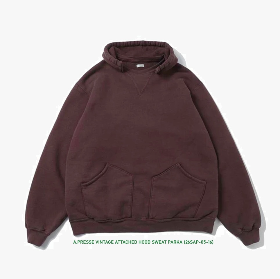 12/13 RELEASE: A.PRESSE VINTAGE ATTACHED HOOD SWEAT PARKA (26SAP-05-16) - PRE ORDER ITEM (預訂中)