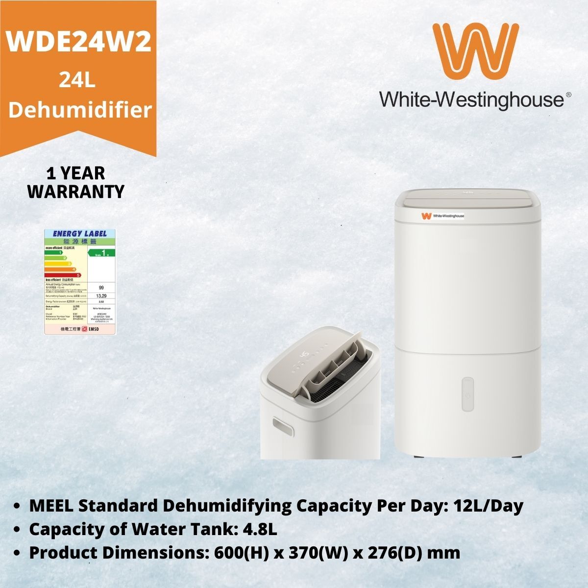 威士汀 White-Westinghouse    WDE24W2‧24公升/日‧HEPA負離⼦壓縮式抽濕機‧香港行貨,原廠1年保養‧