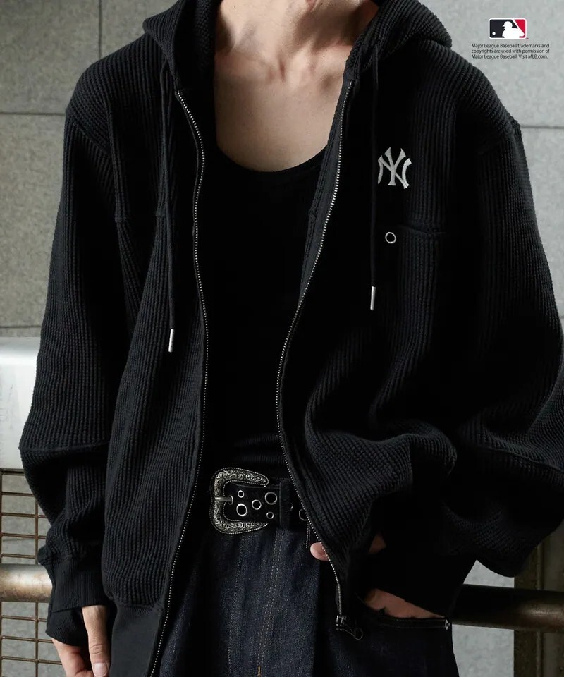 <超帥超便😝> Perushu × MLB 雙拉鍊華夫格連帽外套