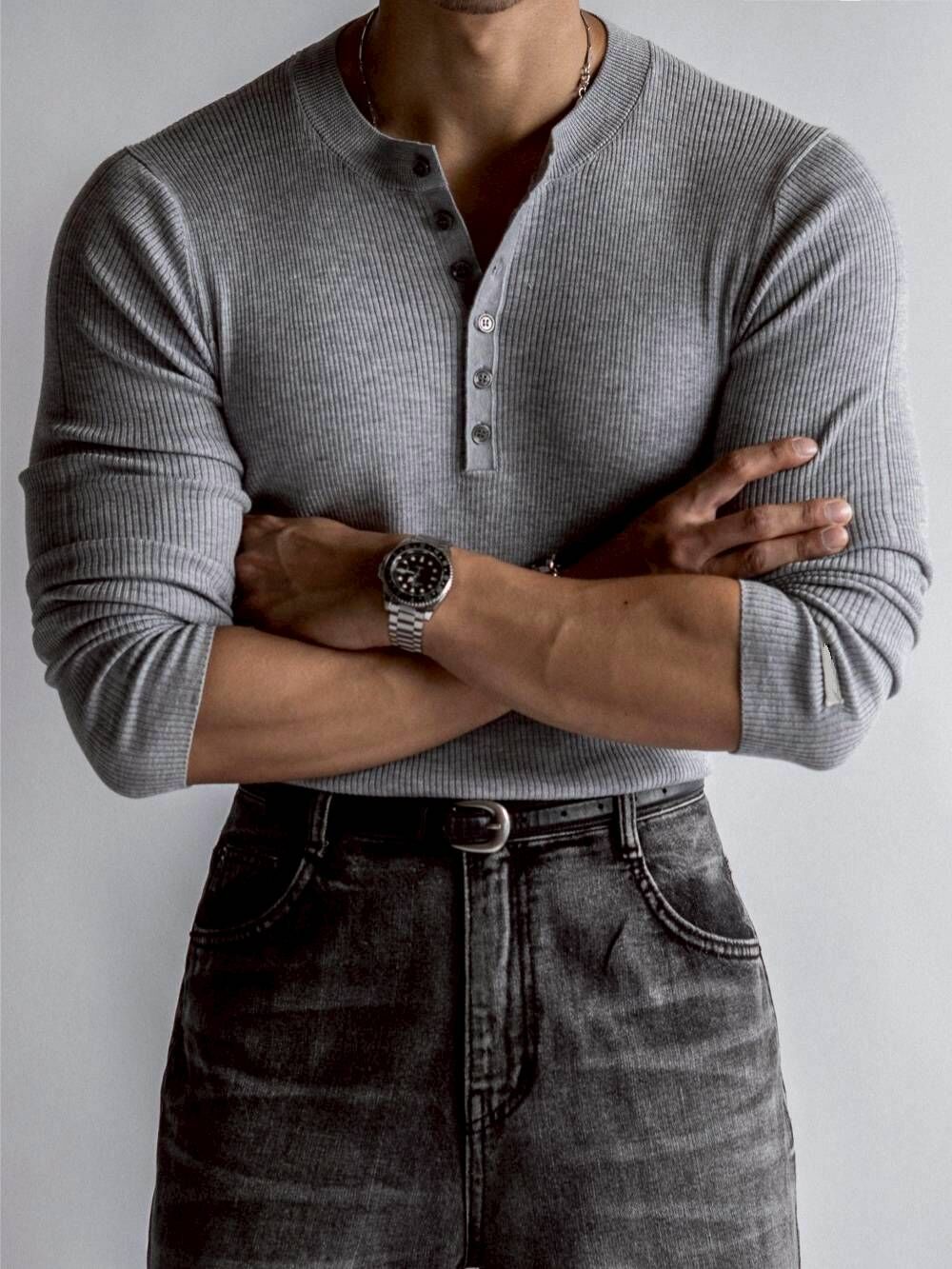 喀什米爾肌肉亨利領針織衫