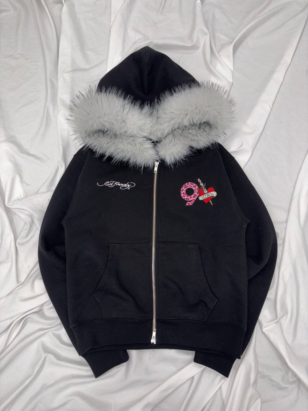 2025AW 9090 girls x ED hardy 90 logo Fur Zip Hoodie 女版 保暖 毛毛 連帽 外套 現貨 NL0086