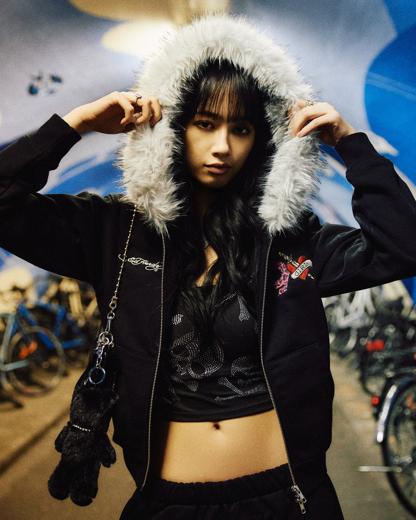 2025AW 9090 girls x ED hardy 90 logo Fur Zip Hoodie 女版