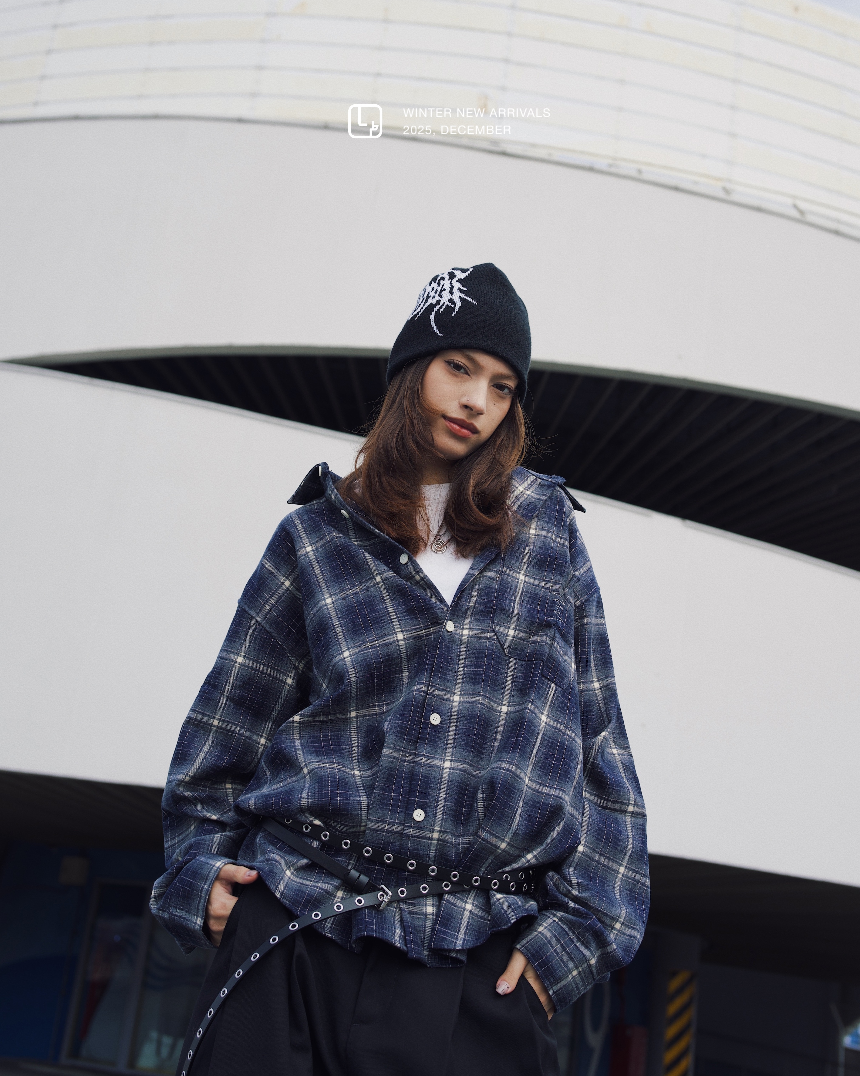 XIN SELECT 格紋 復古 寬鬆 長袖 襯衫 藏青色 27-CS292