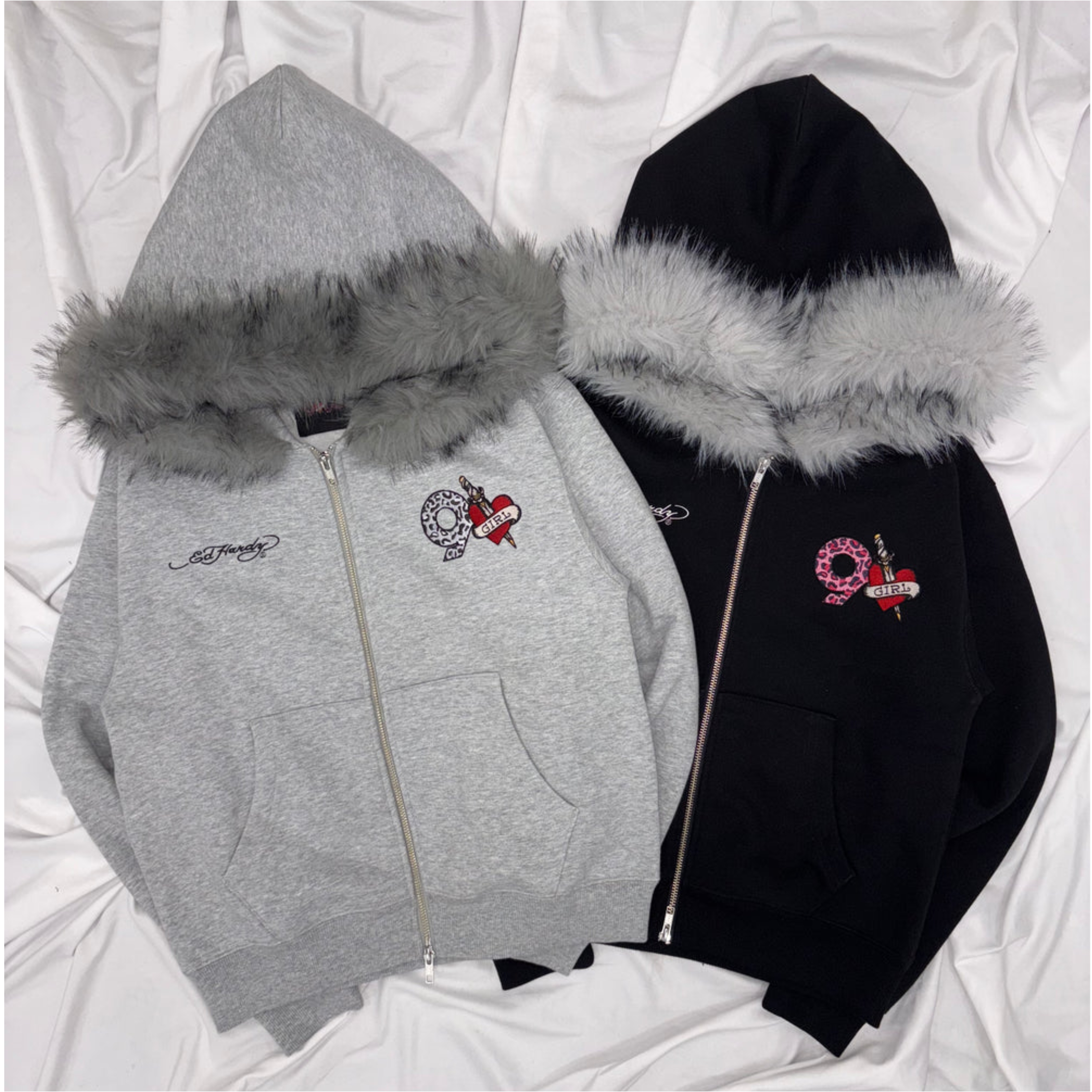 2025AW 9090 girls x ED hardy 90 logo Fur Zip Hoodie 女版
