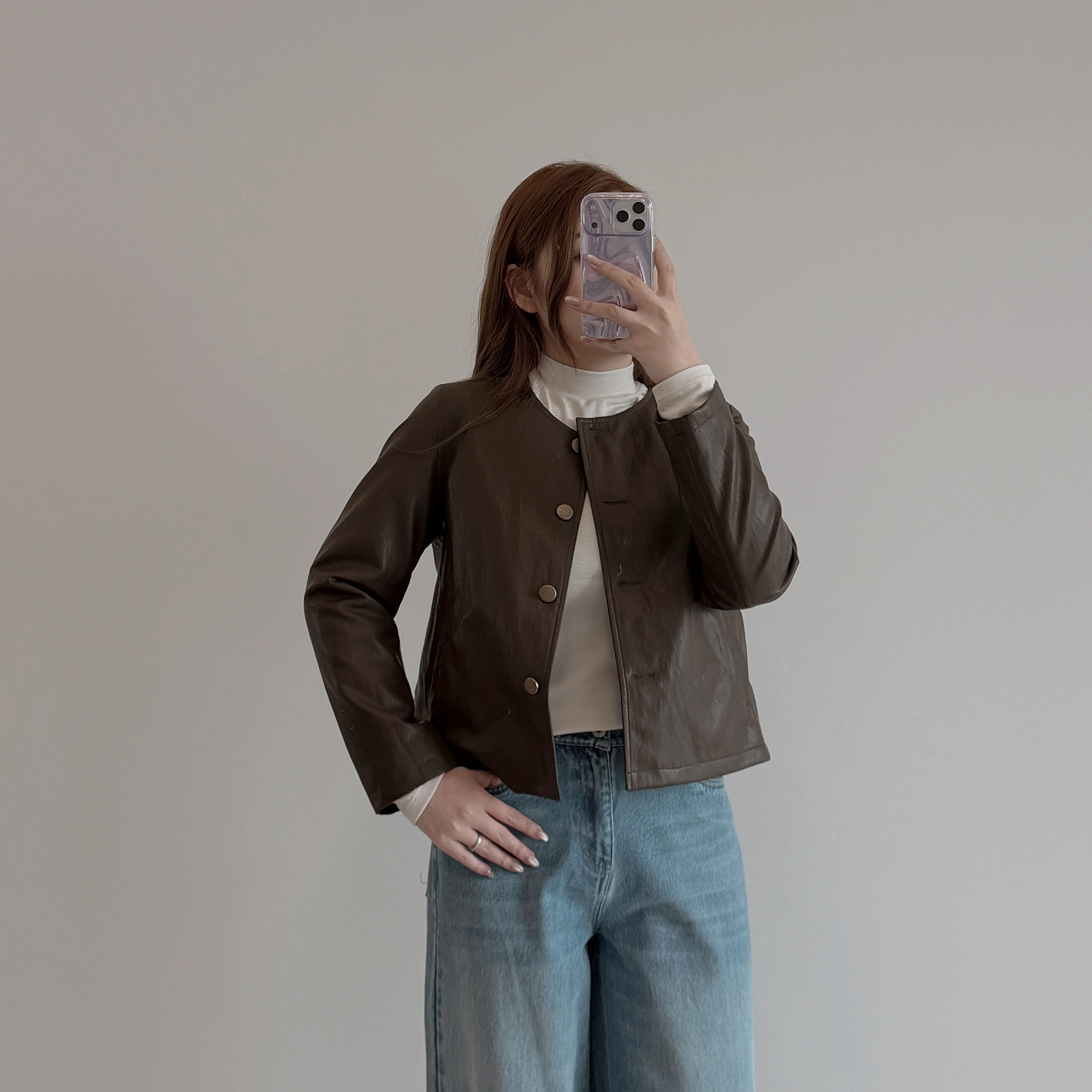 現貨 7307 霧啡色圓領皮衣|條紋內里