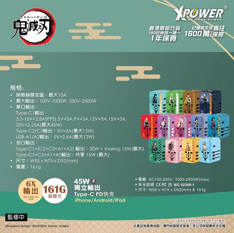 （2026新年限時優惠）XPower x 鬼滅之刃 TA45B 6輸出 45W PD/PPSGaN旅行充電器