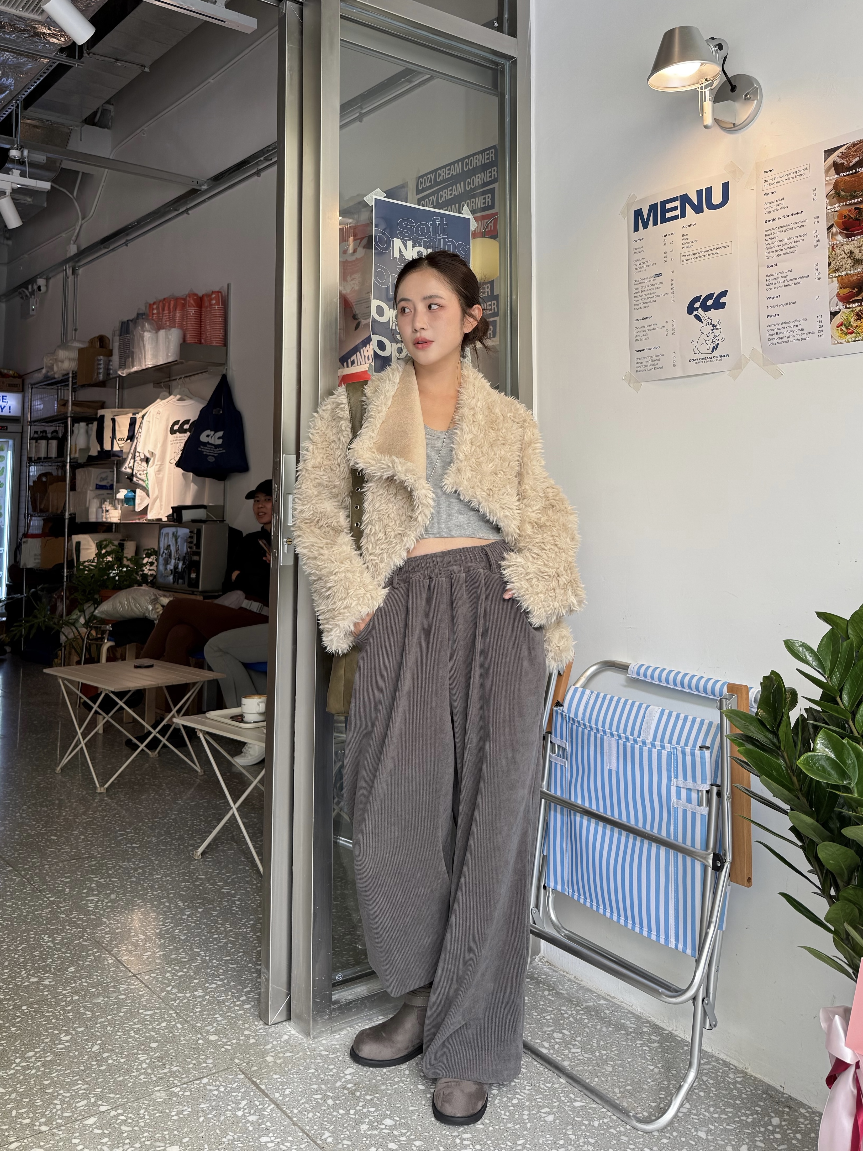 (訂購)直紋絨面闊腳褲*可束腳 P1223(灰/黑/杏)