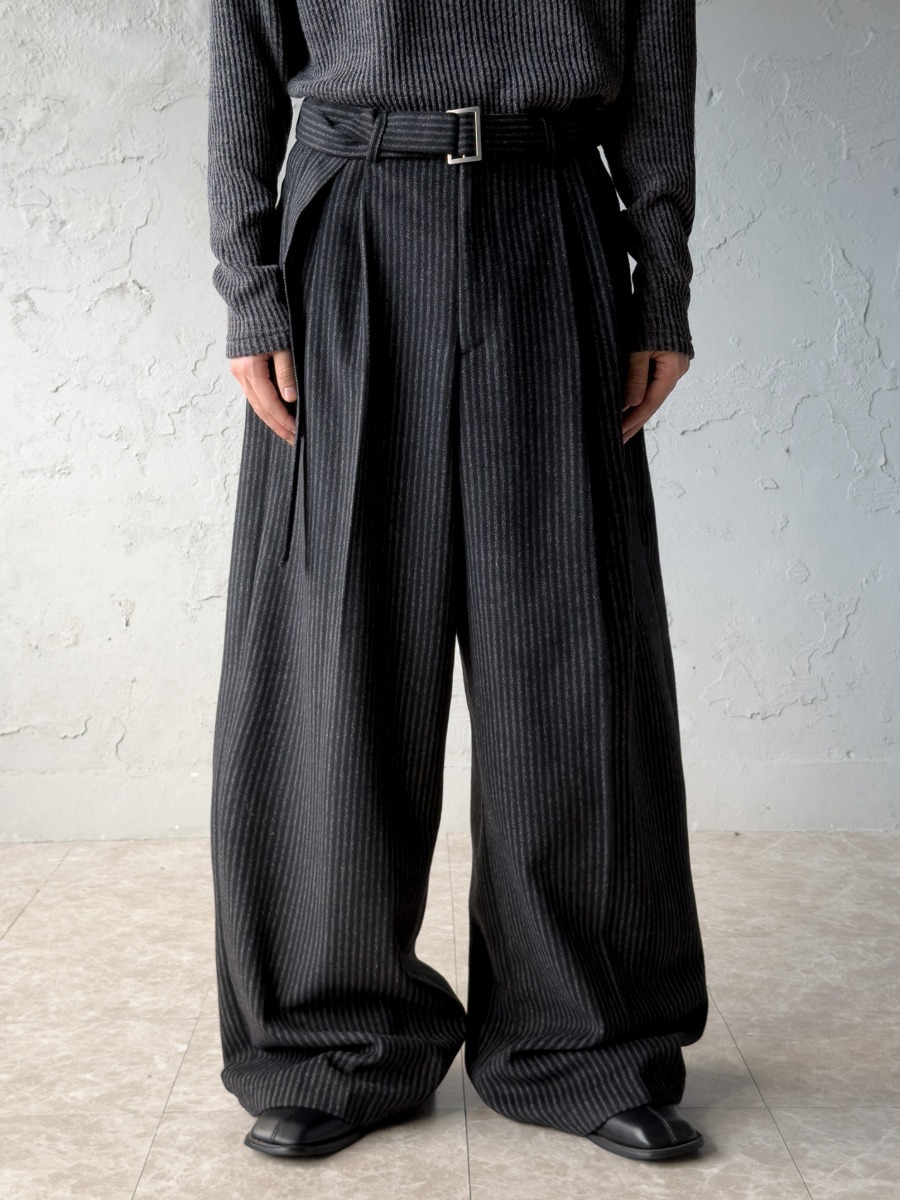 羊毛條紋寬褲