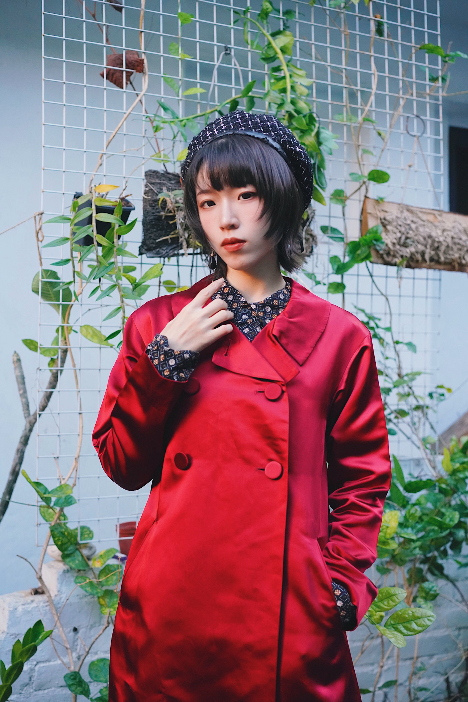 Satin Long Coat "Agnès b" / 法國品牌紅色緞面大衣