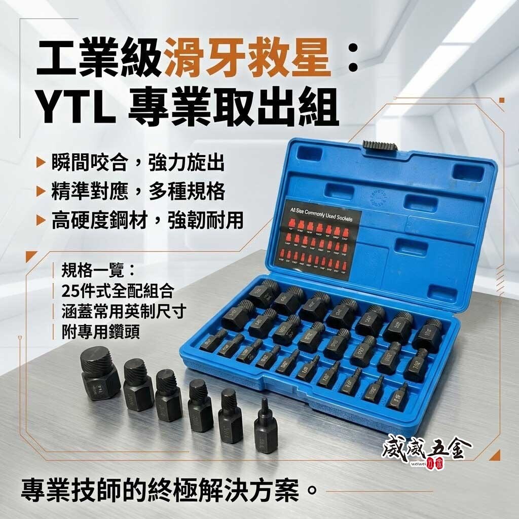 YTL｜螺旋式CR-MO螺旋退牙器 斷頭滑牙螺絲取出器 螺旋式凸軸防脫六角頭 反牙｜25件組｜Y-25PCS