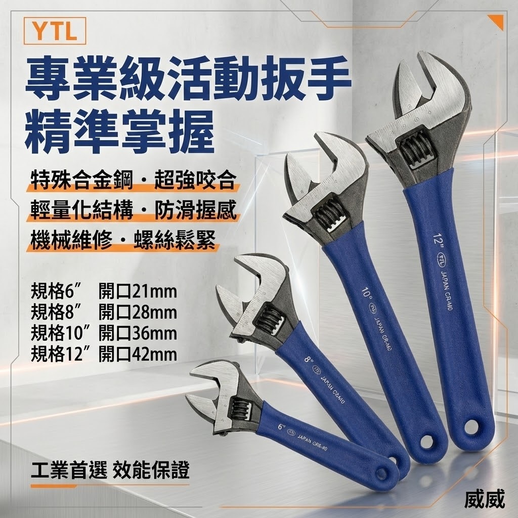 YTL｜膠柄活動板手 輕量型大開口活動扳手 高硬度附刻度活動板手｜CR-MO材質｜6吋 8吋 10吋 12吋