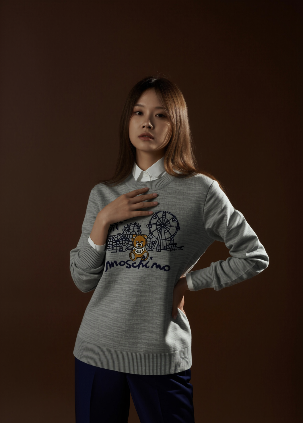 MOSCHINO KIDS 熊仔印花 灰色圓領衛衣