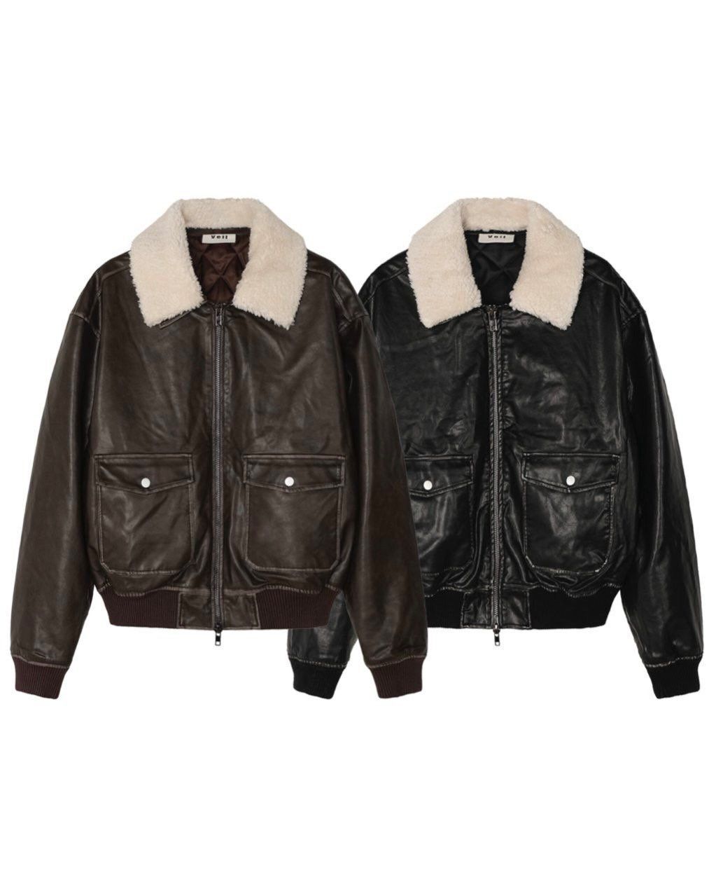 毛毛領拉鍊合成皮褸(毛領可拆/薄夾棉) Veil-086JK