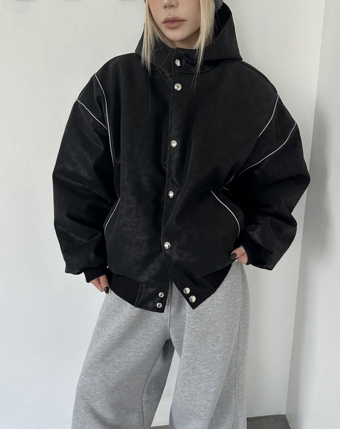 淨色連帽開胸合成皮褸(薄夾棉) 1990S-034JK