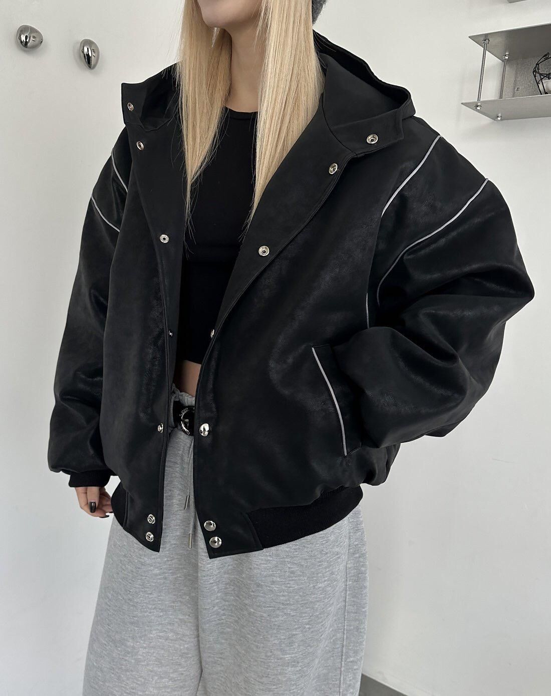 淨色連帽開胸合成皮褸(薄夾棉) 1990S-034JK