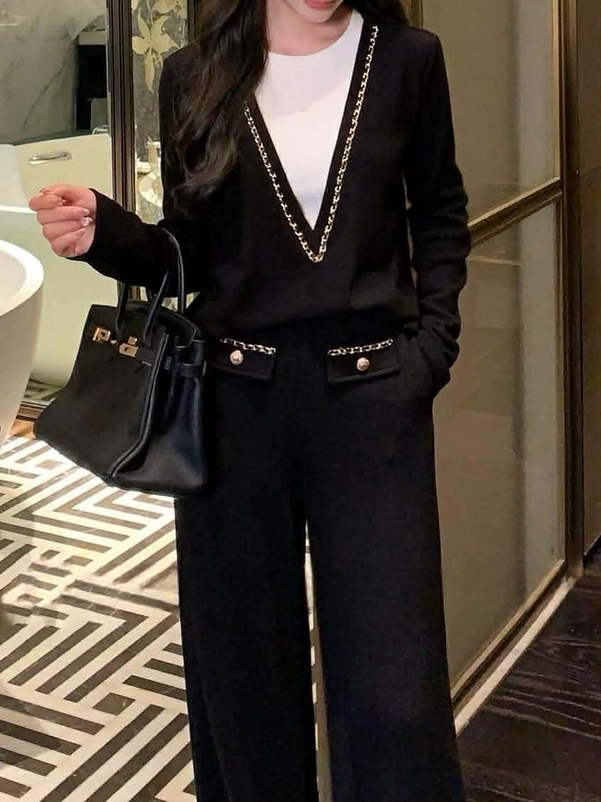 設計師家真兩件式撞色外大V領慵懶上衣