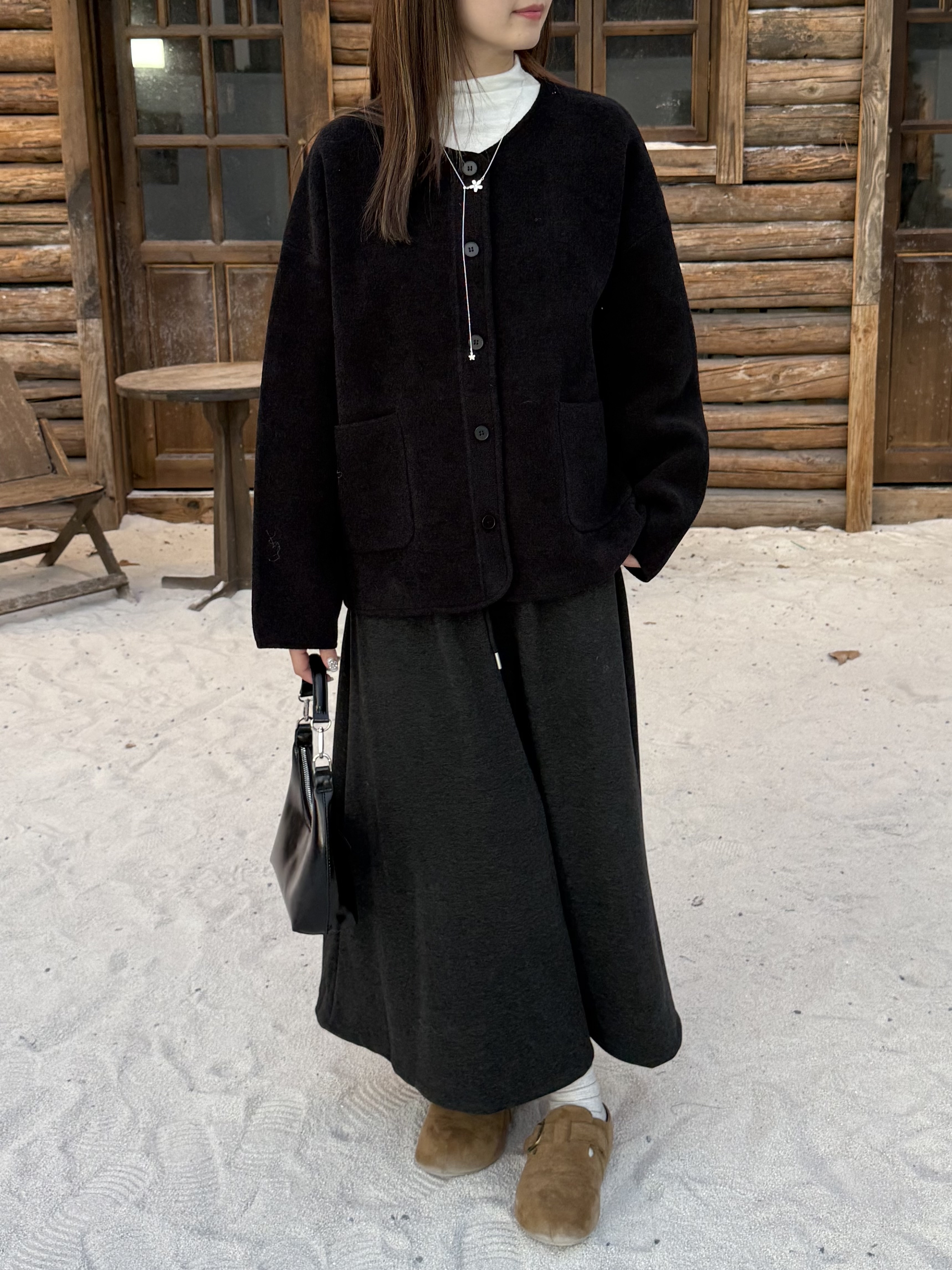 藍利絨無領排釦外套