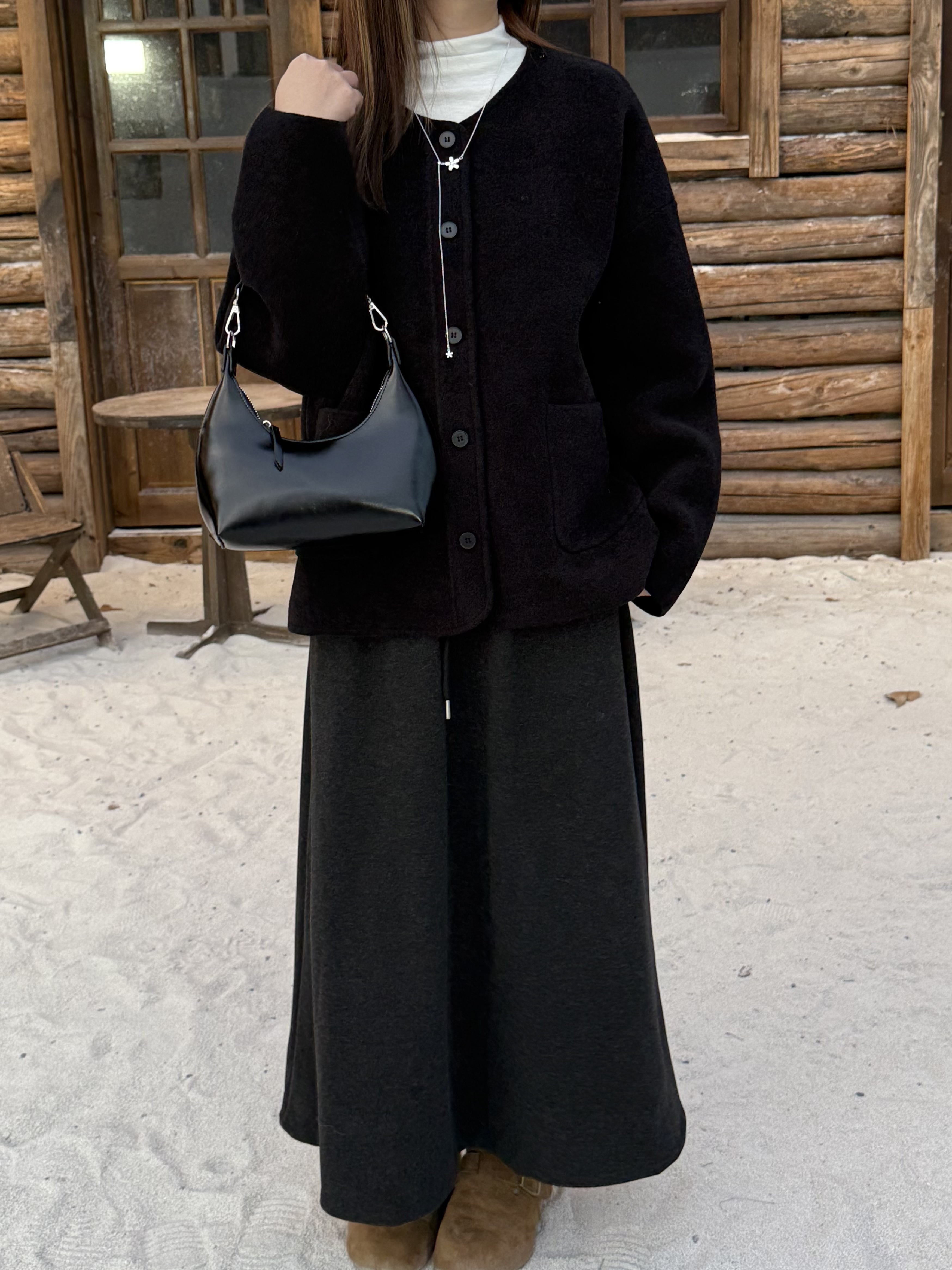 藍利絨無領排釦外套