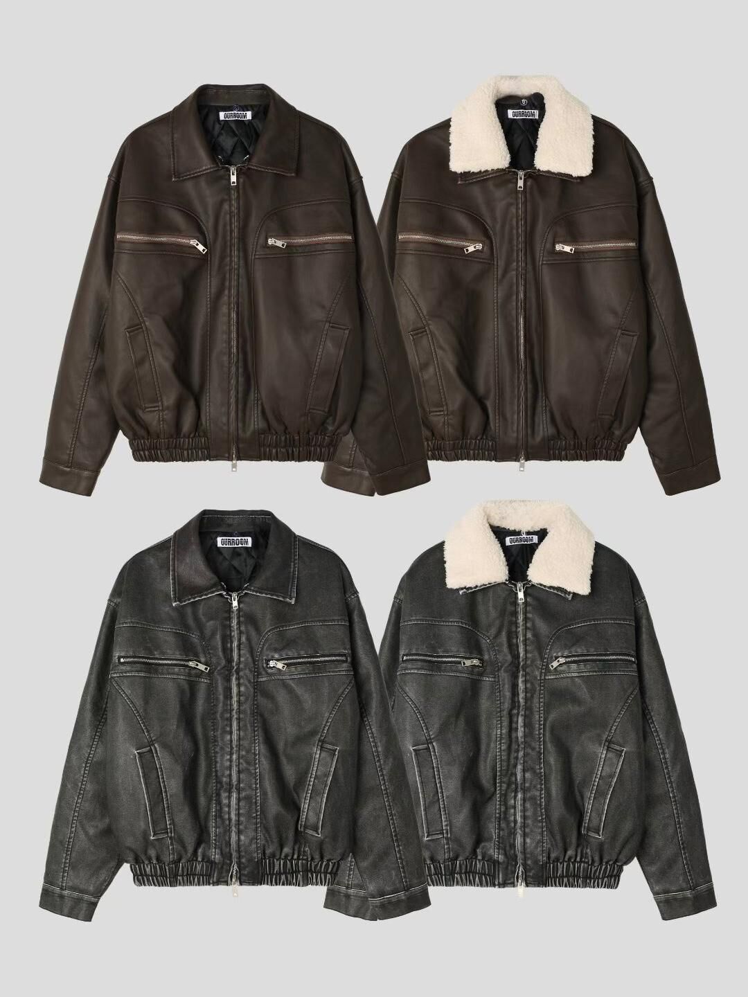 毛毛領拉鍊合成皮褸(毛領可拆/薄夾棉) OUR ROOM-158JK