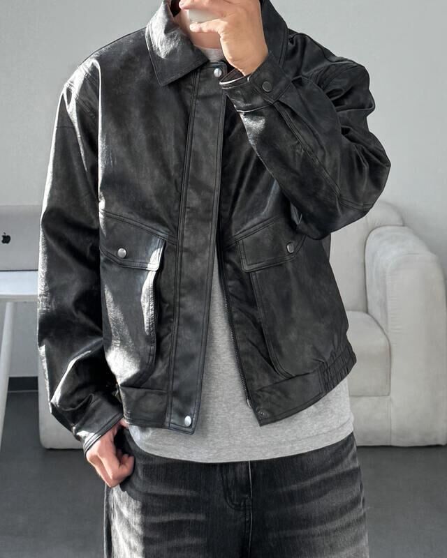 洗水反領拉鍊合成皮褸 JK2709