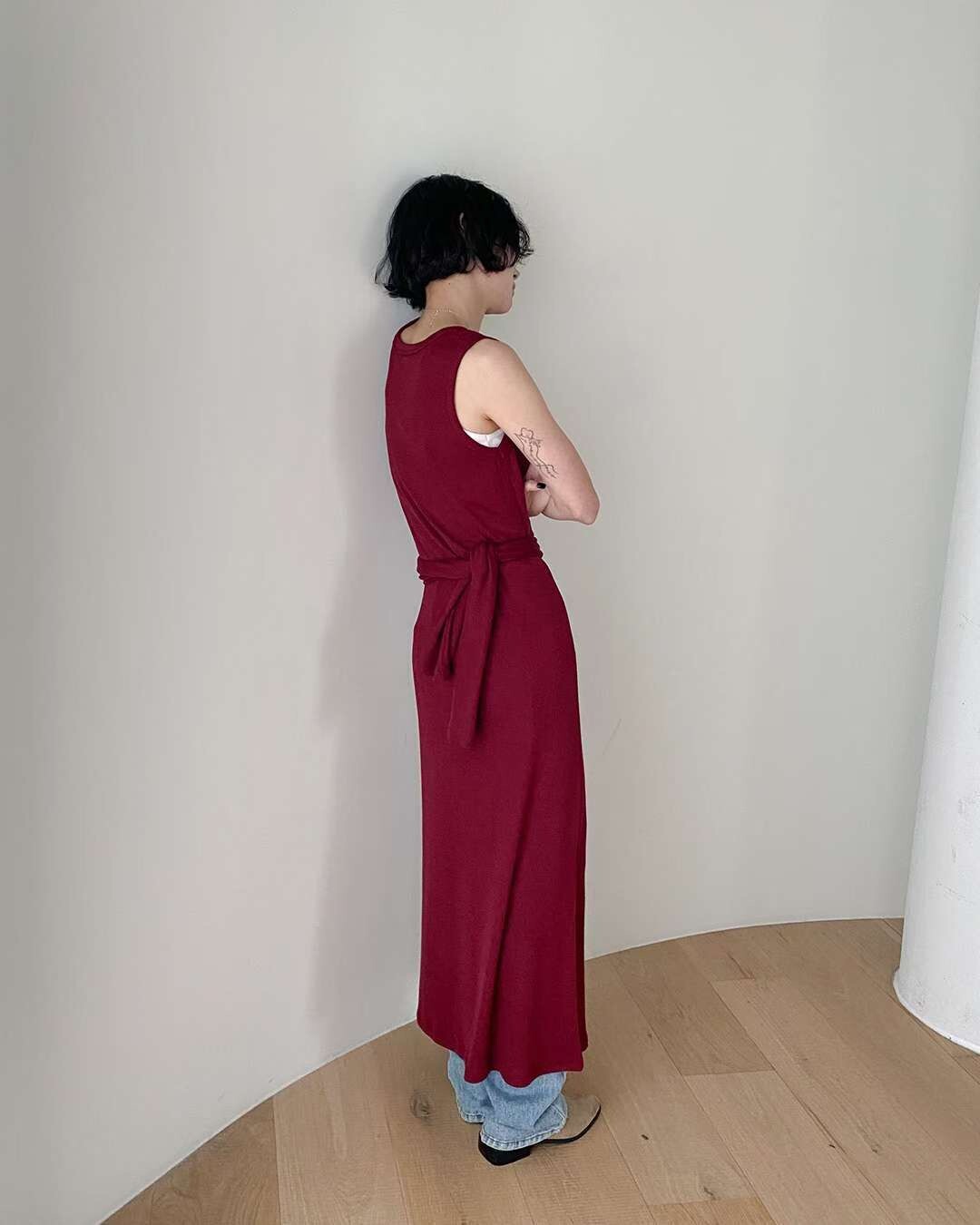 棉呢腰綁背心長洋裝