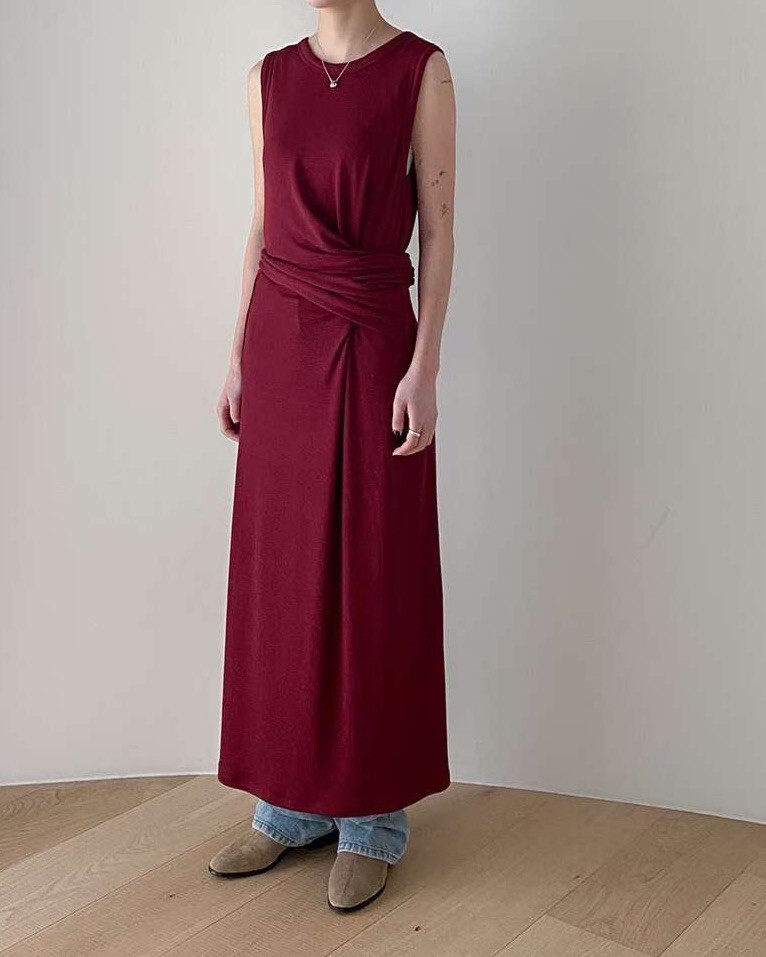 棉呢腰綁背心長洋裝