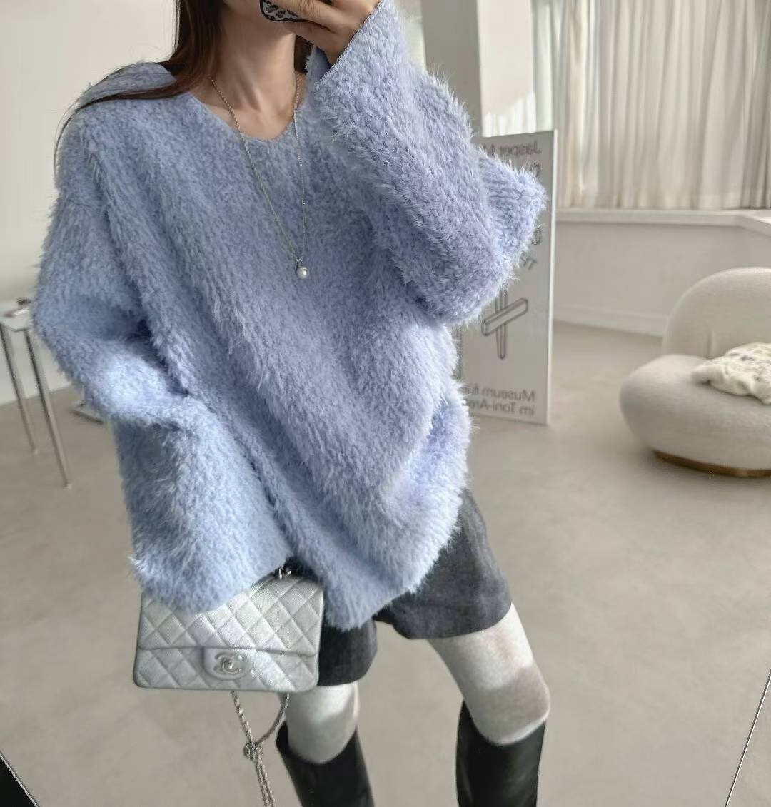 羊毛海V領寬版毛衣