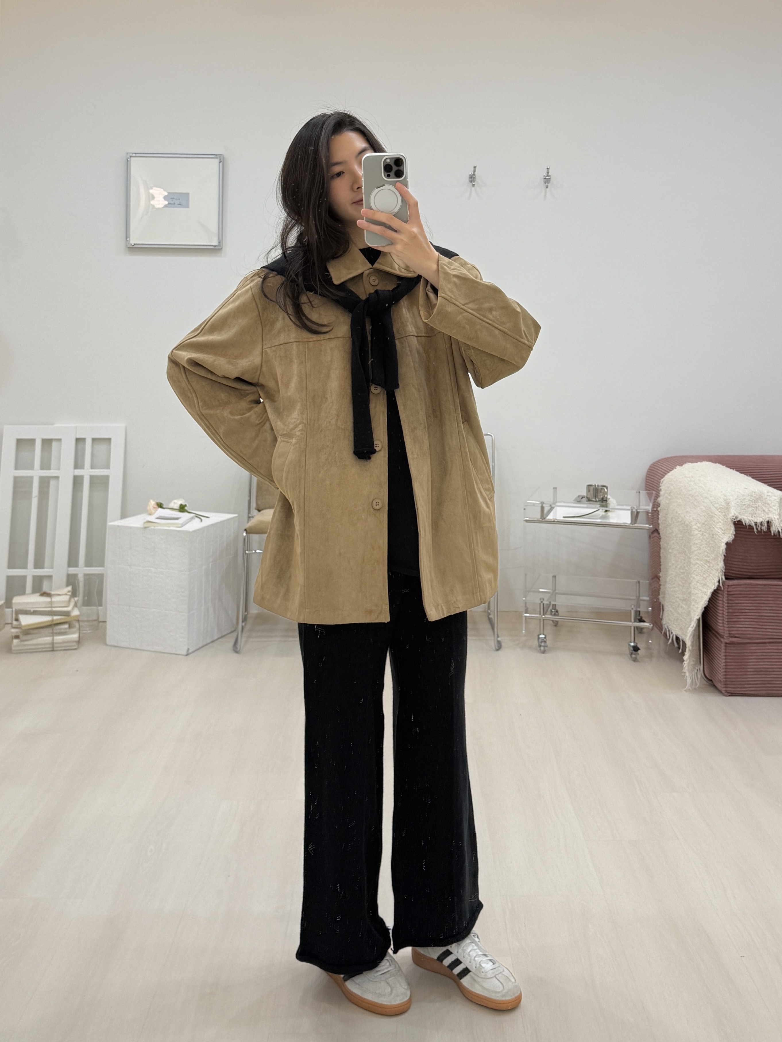 麂皮長版暗扣外套