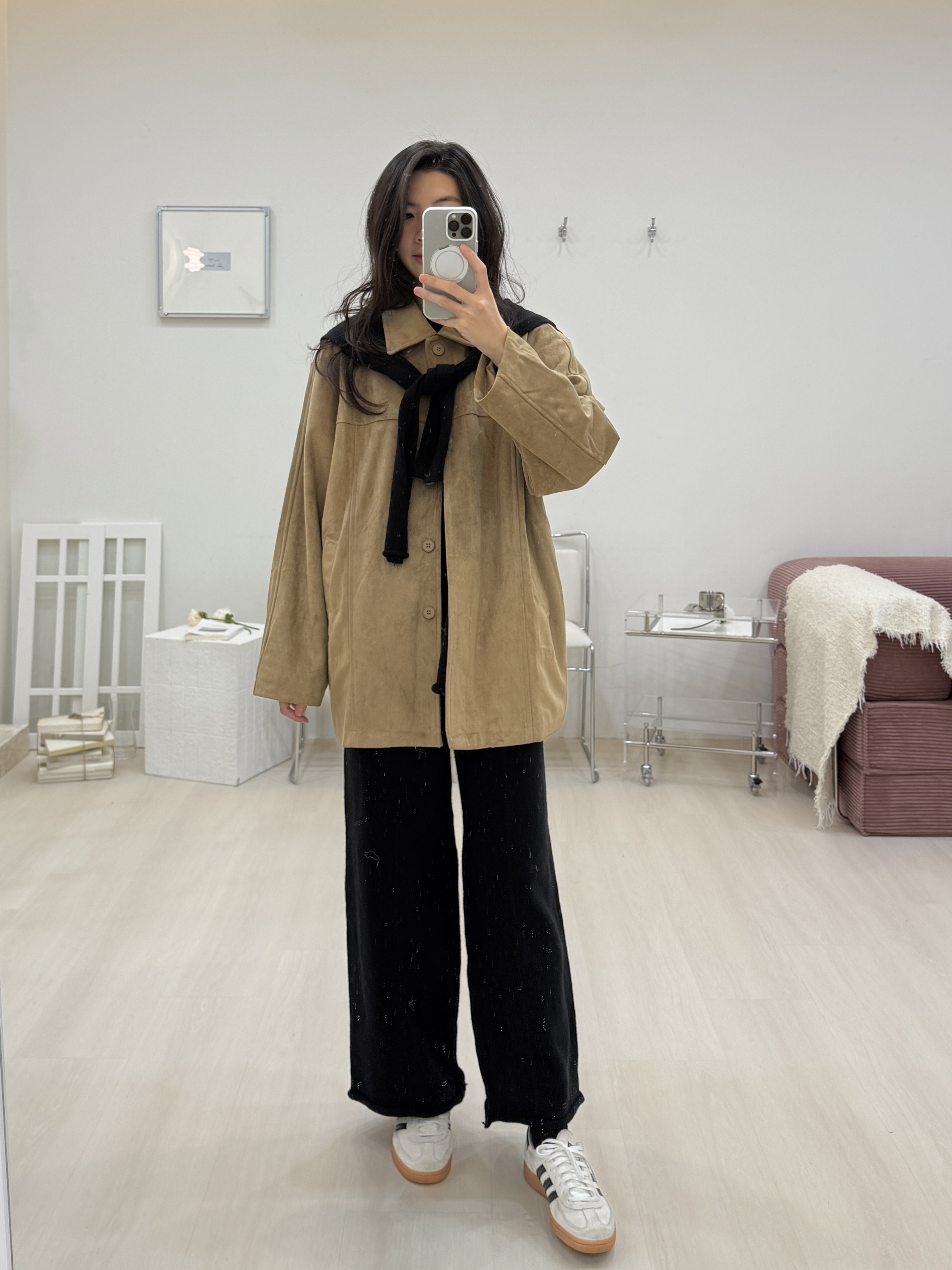 麂皮長版暗扣外套