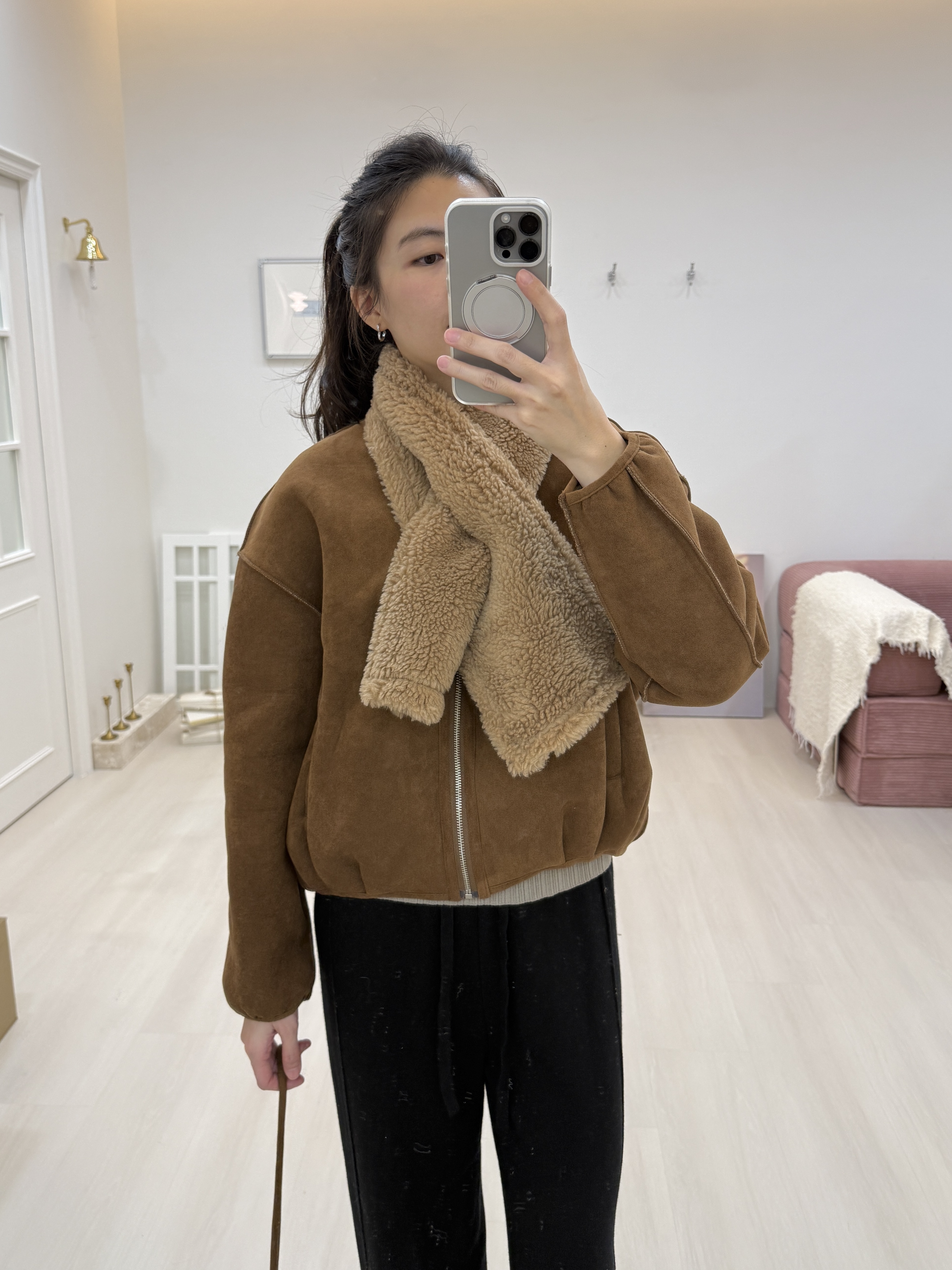 無領麂皮毛毛外套附圍巾+小包包