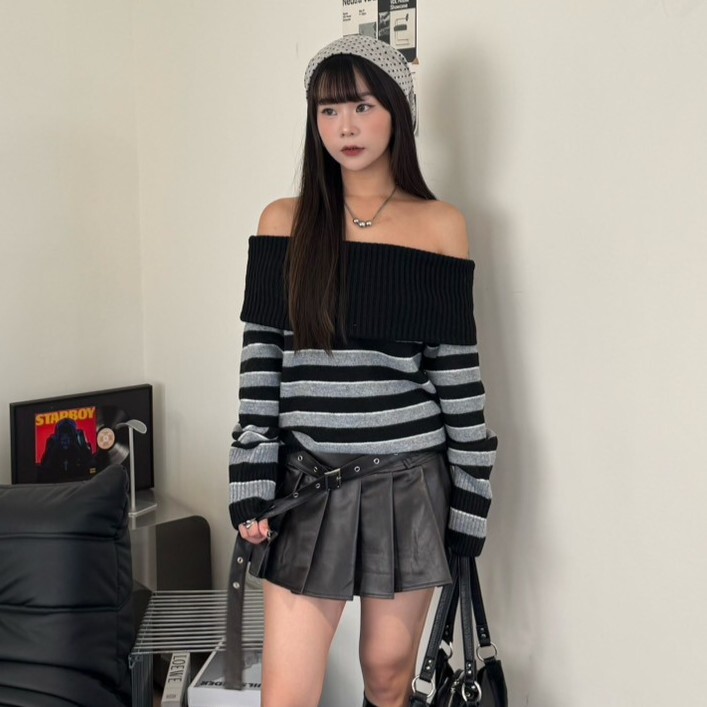 Side Mood🫧條紋一字領中版毛衣