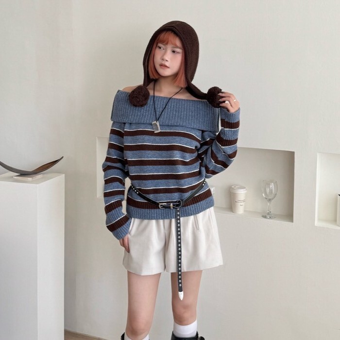 Side Mood🫧條紋一字領中版毛衣