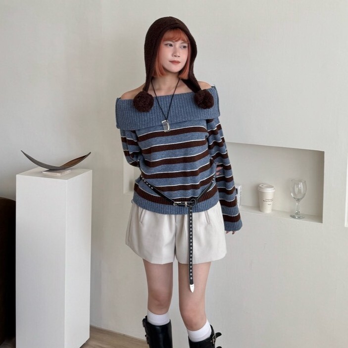 Side Mood🫧條紋一字領中版毛衣