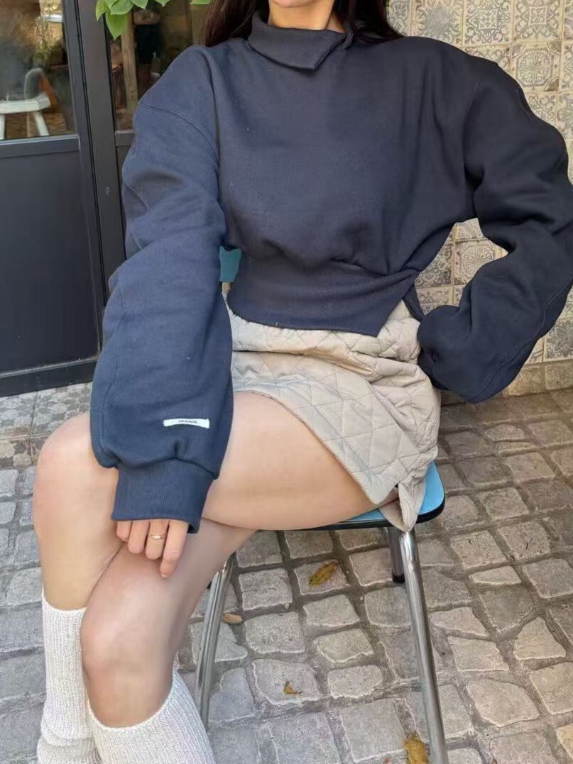 開斜領束腰短版刷絨衛衣