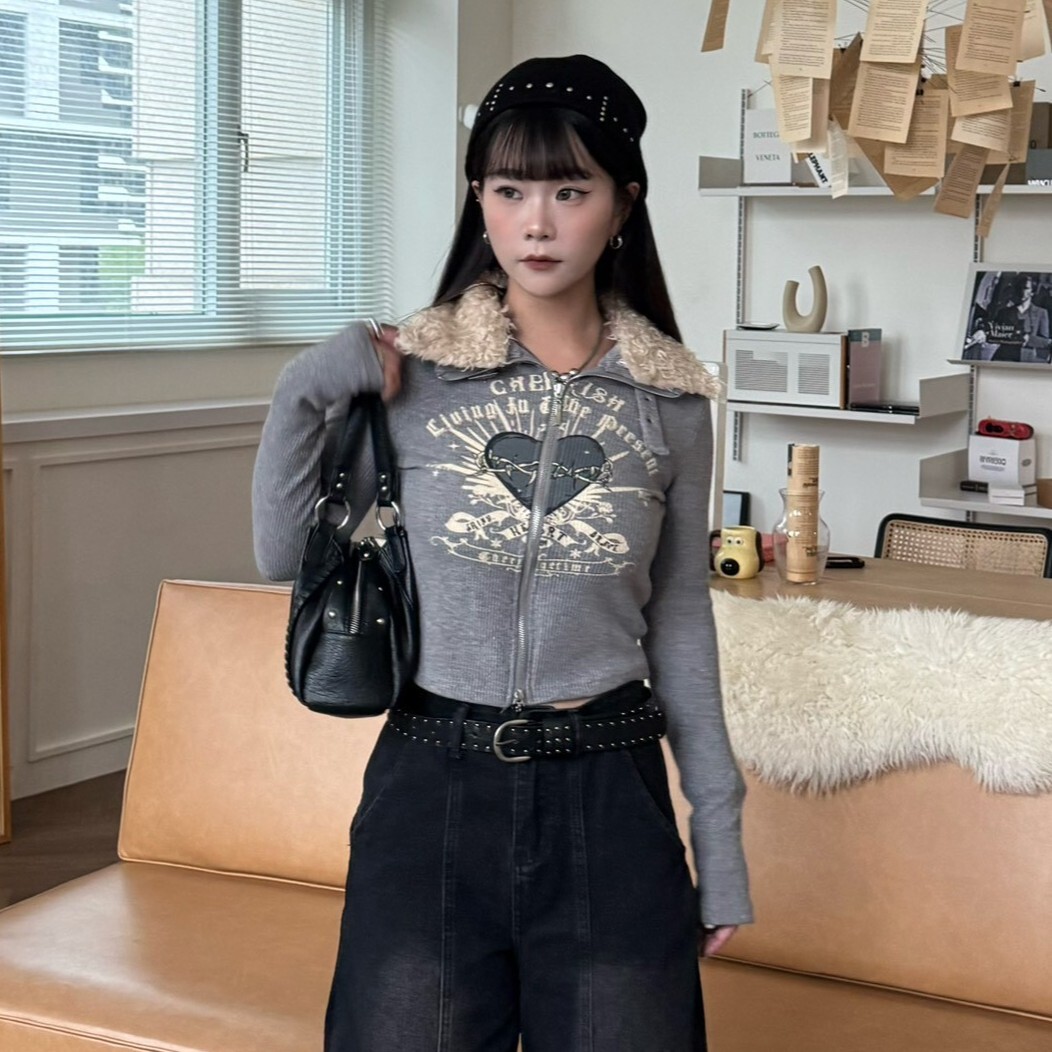 灰燼之心Fur Jacket🖤側抓皺拉鍊上衣