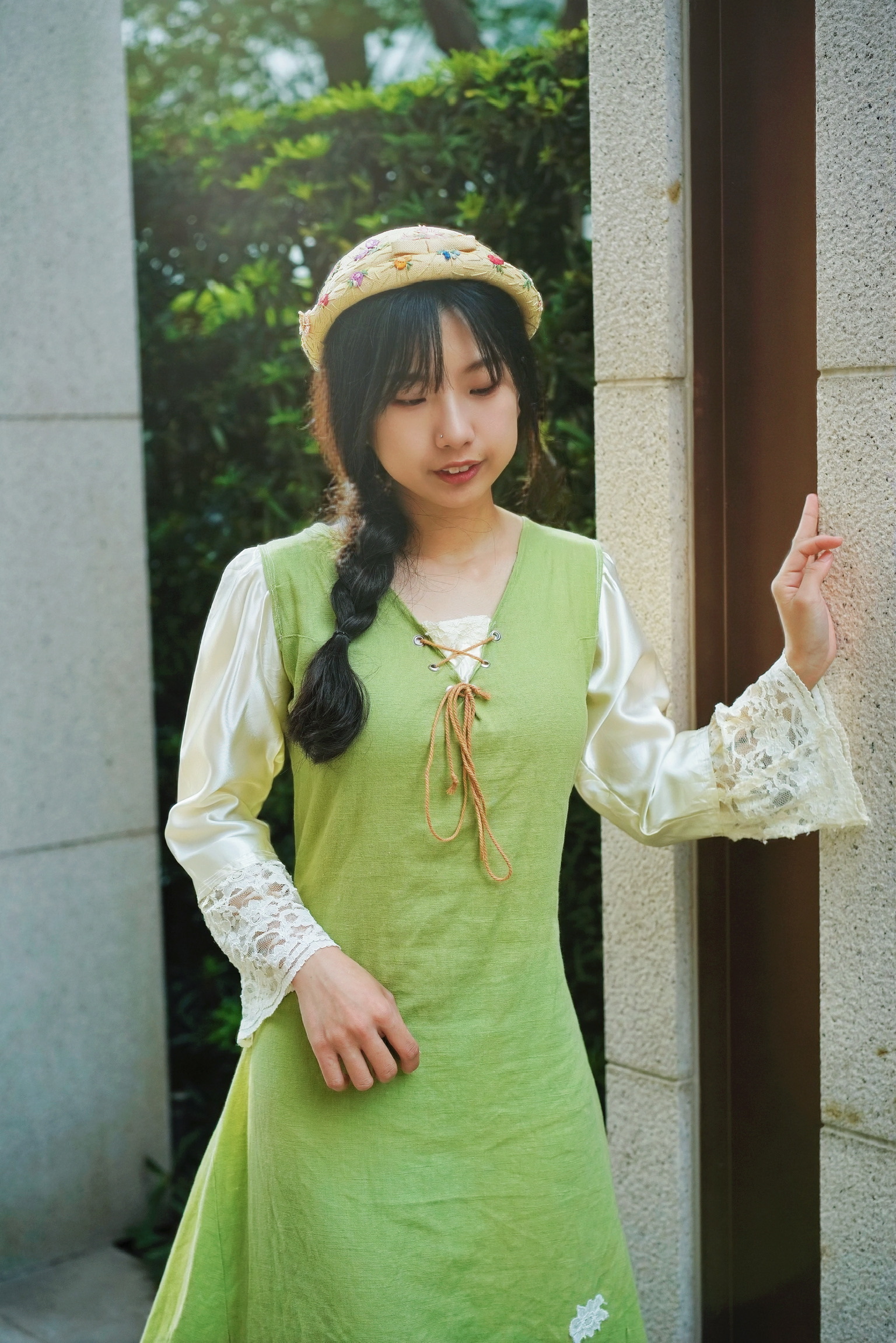 Vintage Dress/歐洲鄉村風前後綁帶草綠色洋裝