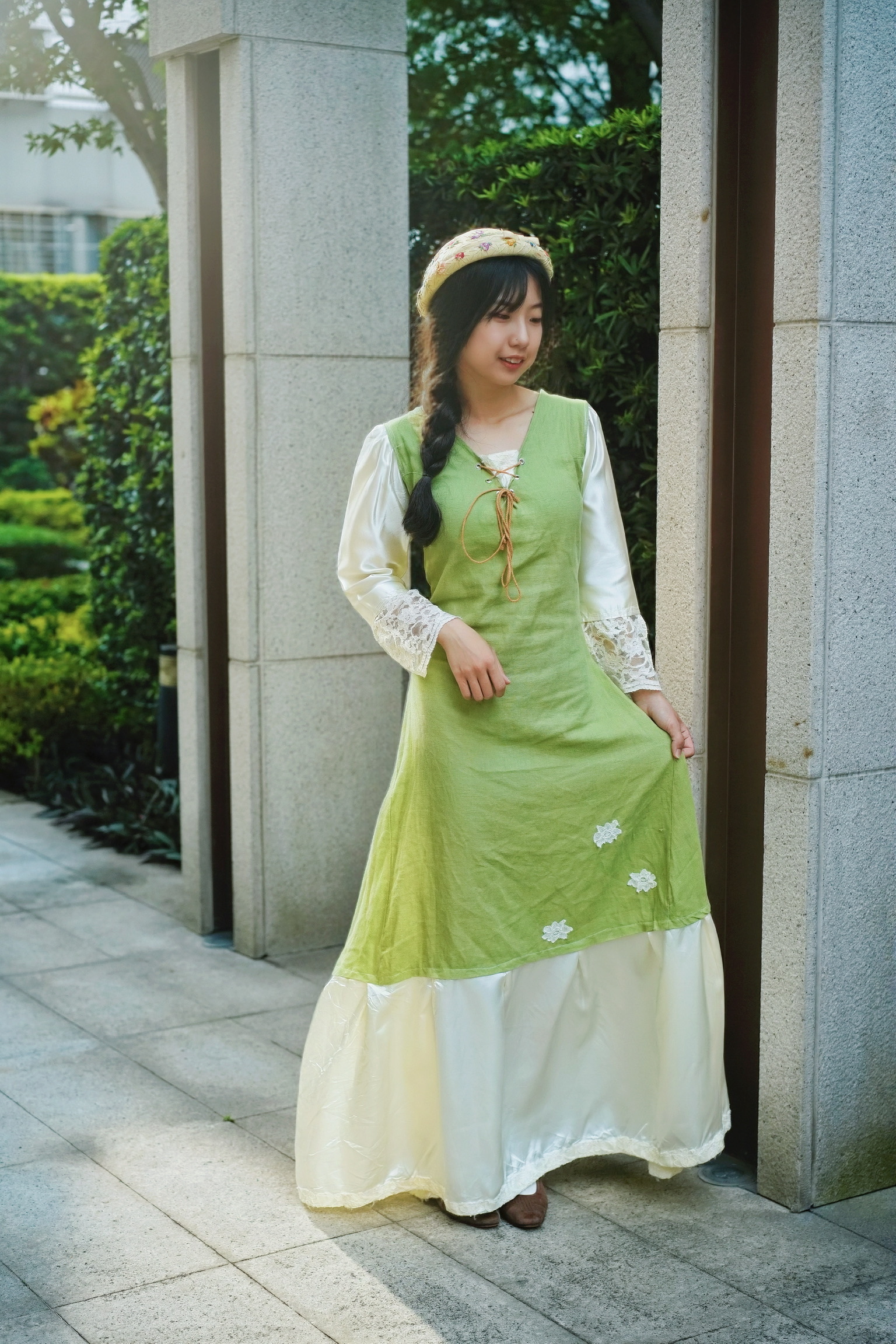 Vintage Dress/歐洲鄉村風前後綁帶草綠色洋裝