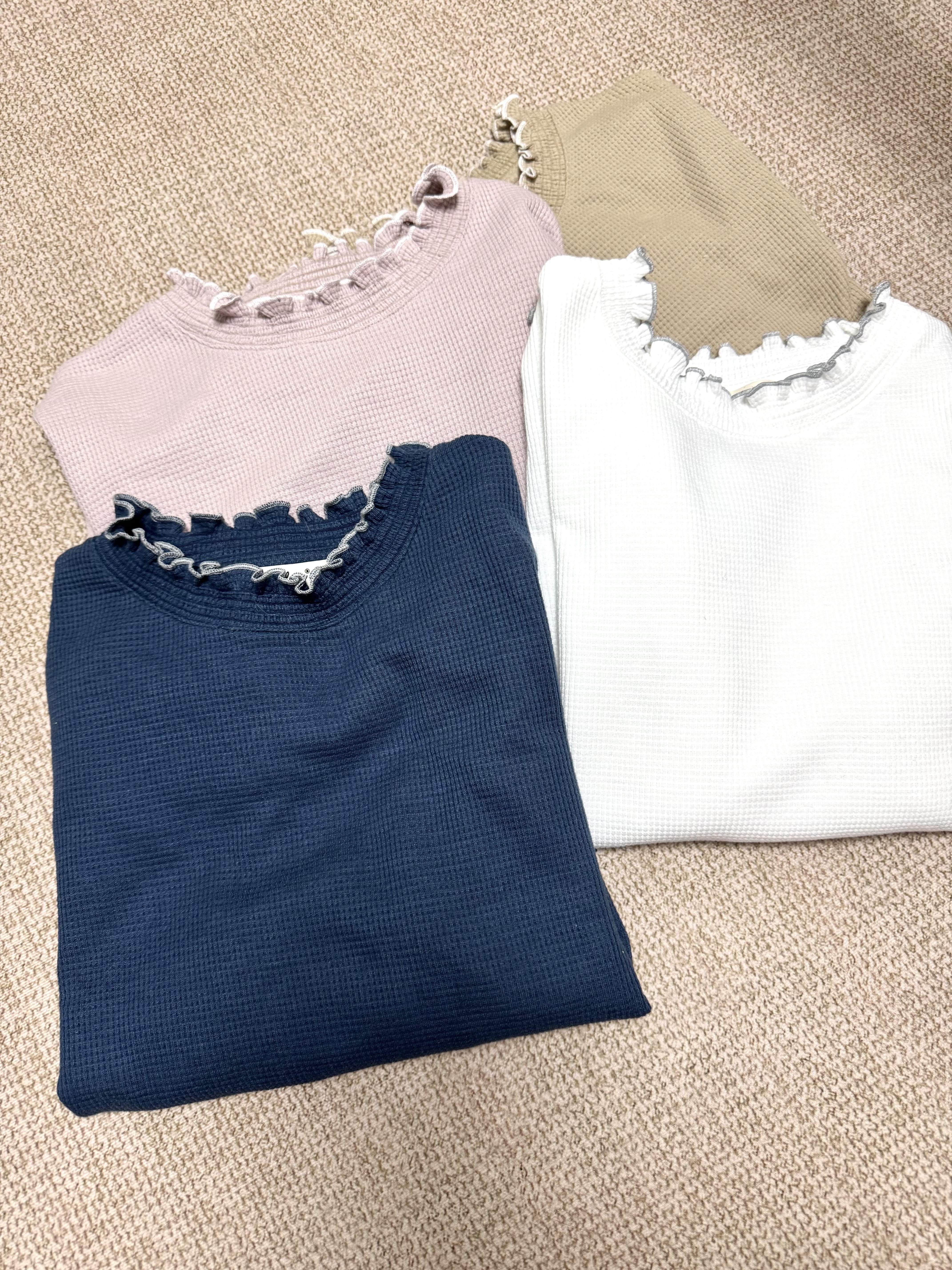 窩夫格紋花邊長袖Top