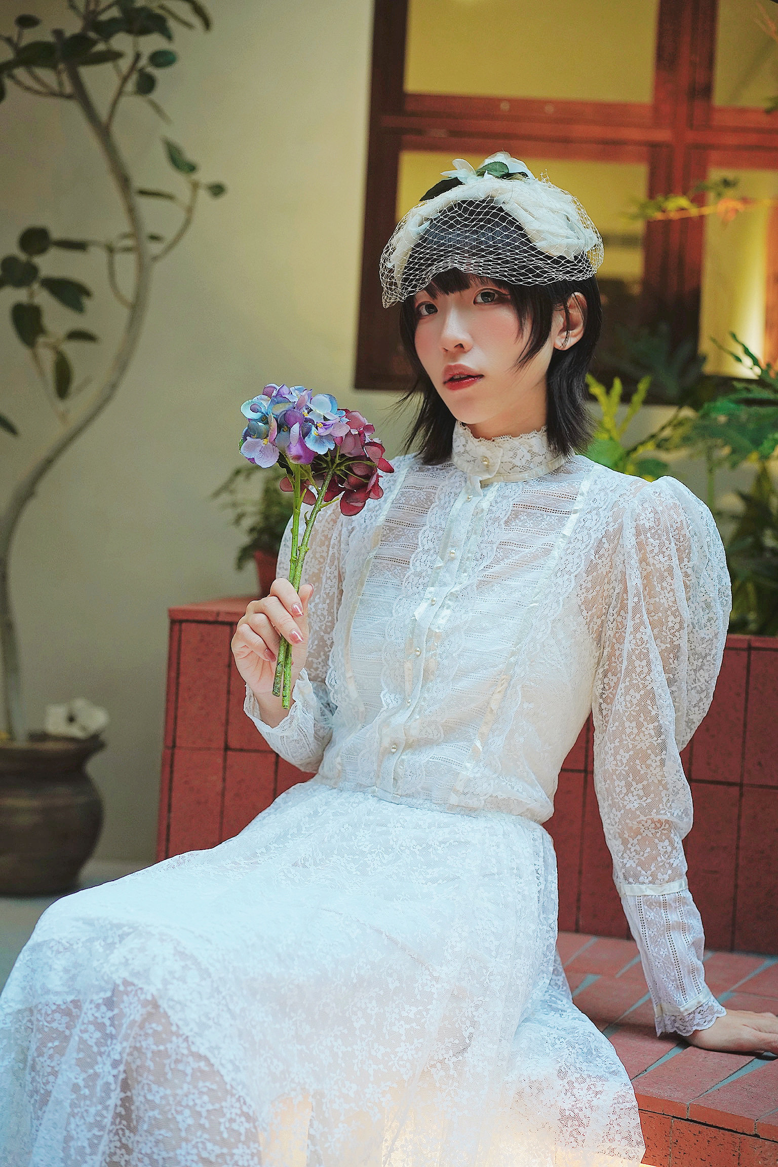 Vintage Dress/GUNNE SAX蕾絲透膚羊腿袖洋裝